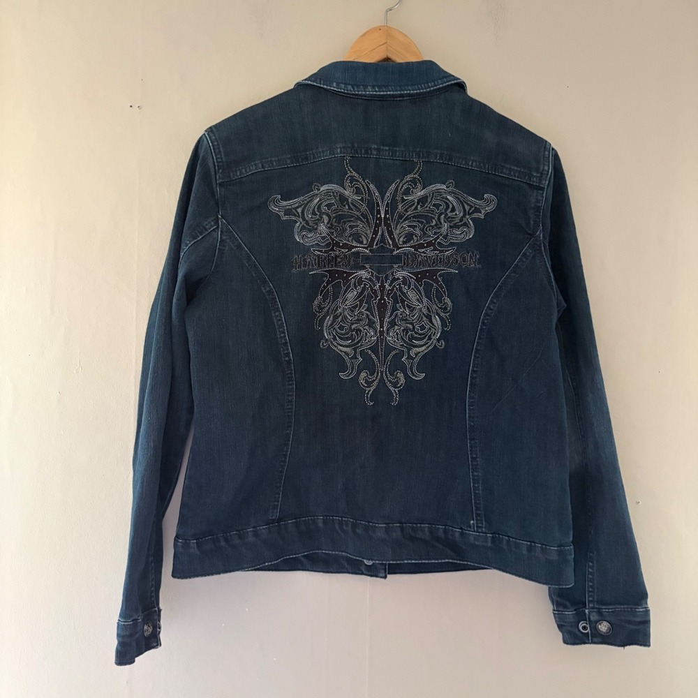Harley Davidson Womens Embellished Denim Jacket Size M Blue Cropped Biker Bling